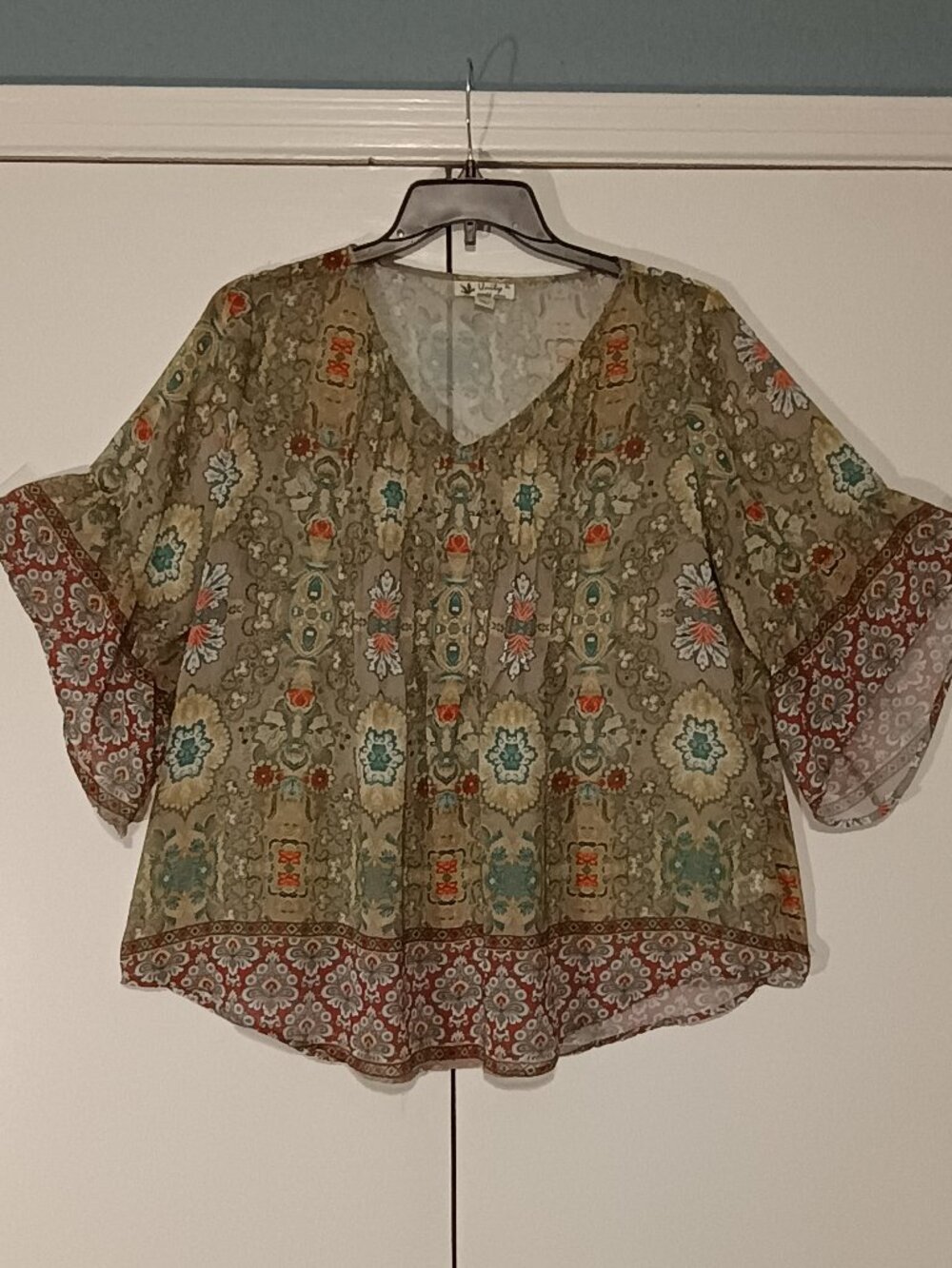 Unity World Wear XL Boho Floral Bell Sleeve High Low Blouse Top - Picture 2 of 8